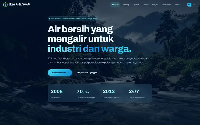 Halaman depan Bravo Delta Persada: judul putih besar di atas sungai di hutan, dengan empat angka ringkasan